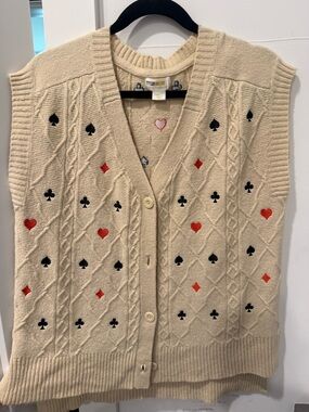 Maeve Cream Cable-Knit Vest with Red & Black Card Suit Embroidery